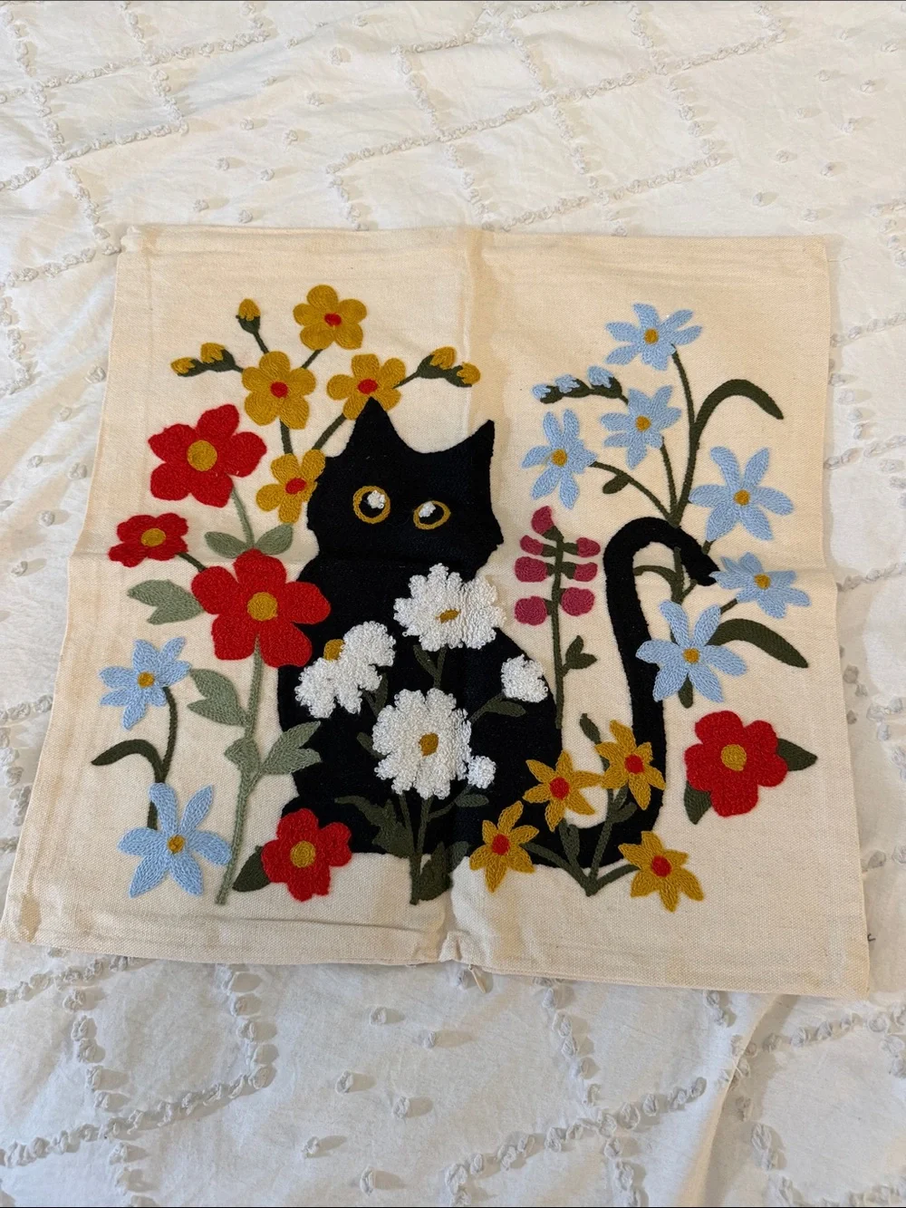Black Cat Floral Pet Pillow Cover - Cream Background embroidered new